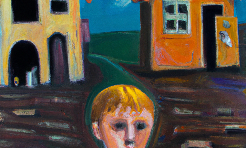 DALL·E 2022-11-06 17.43.59 - oil painting of two houses, one with a child alone inside .png
